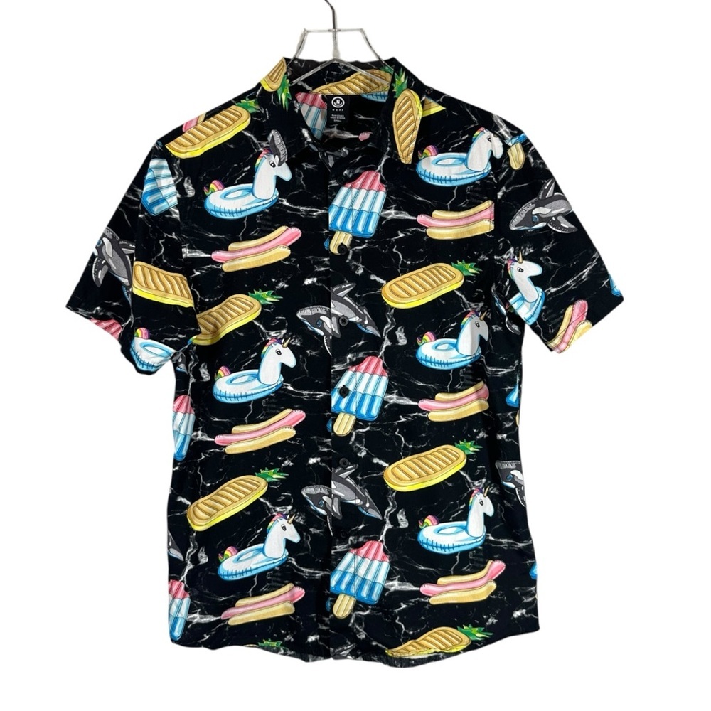 NEFF Men's Small Pool Party Floats Black Novelty Short Sleeve Button Down